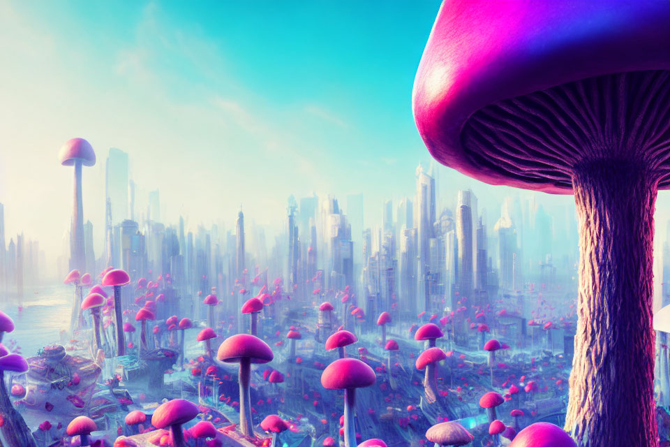 Futuristic cityscape with giant mushrooms and skyscrapers in pink and purple haze