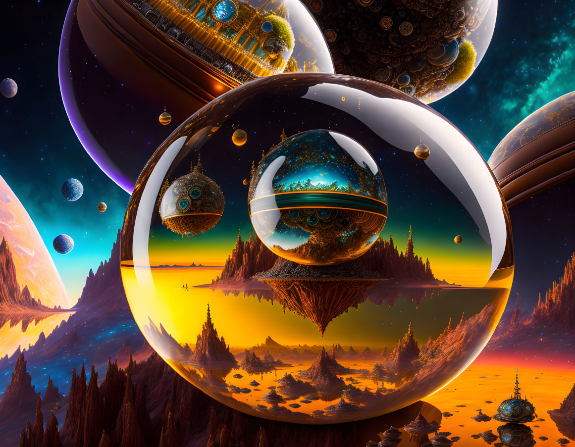 Futuristic sci-fi landscape with floating orbs and alien planets