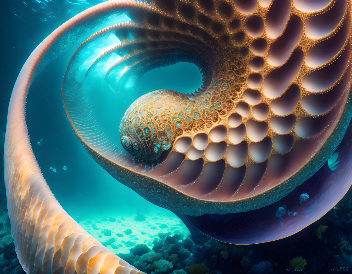 Fractal nautilus-like creature in surreal underwater scene