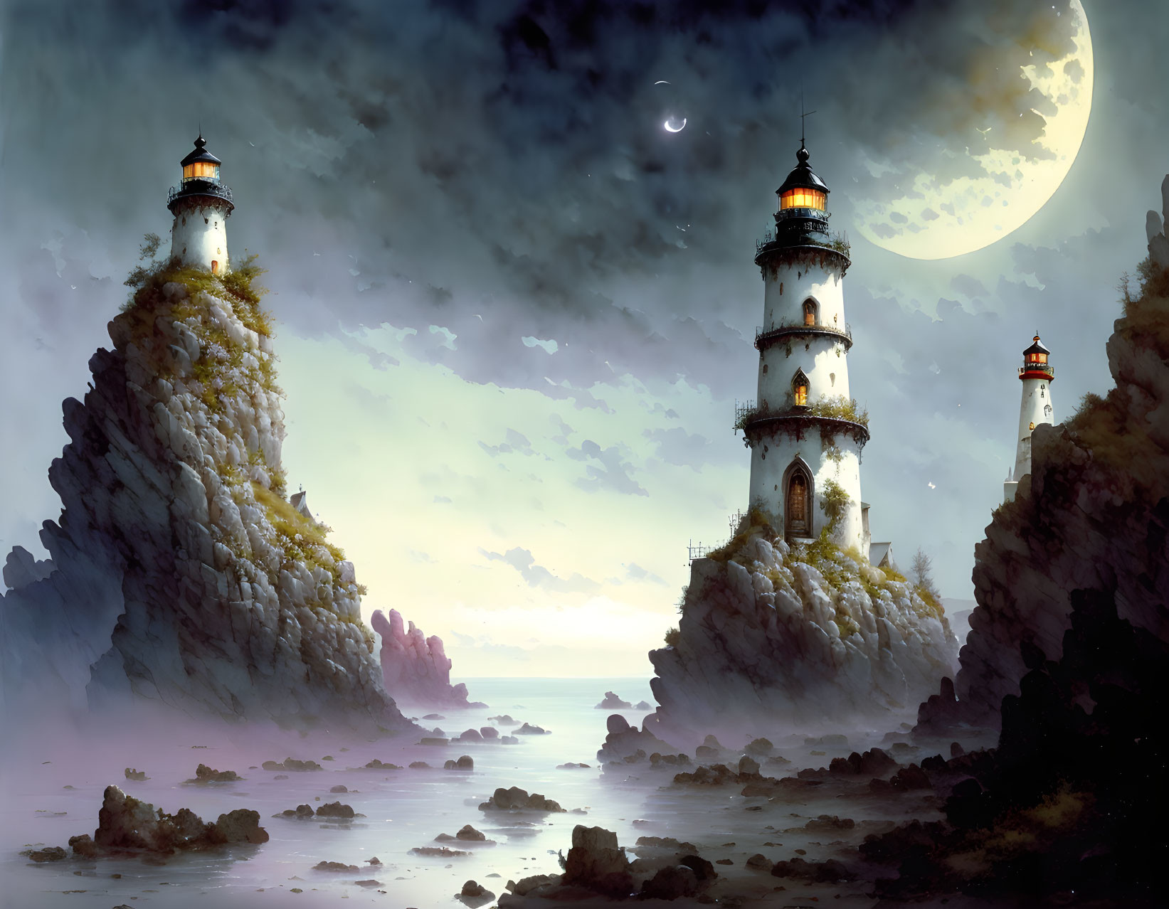 Three lighthouses on rugged cliffs under crescent moon in misty seascape