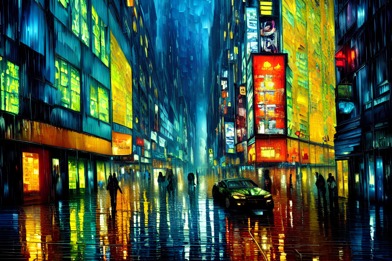 Vibrant neon-lit urban street scene on a rainy night