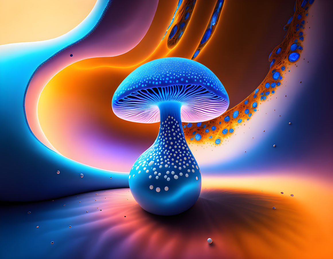 Colorful Digital Art: Glowing Blue Mushroom on Orange Background