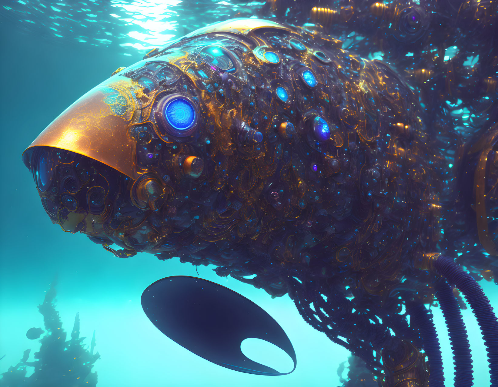 Intricate Mechanical Fish in Ornate Underwater Scene