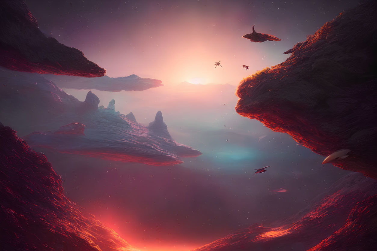 Surreal Vibrant Landscape with Floating Rocks and Alien Creatures