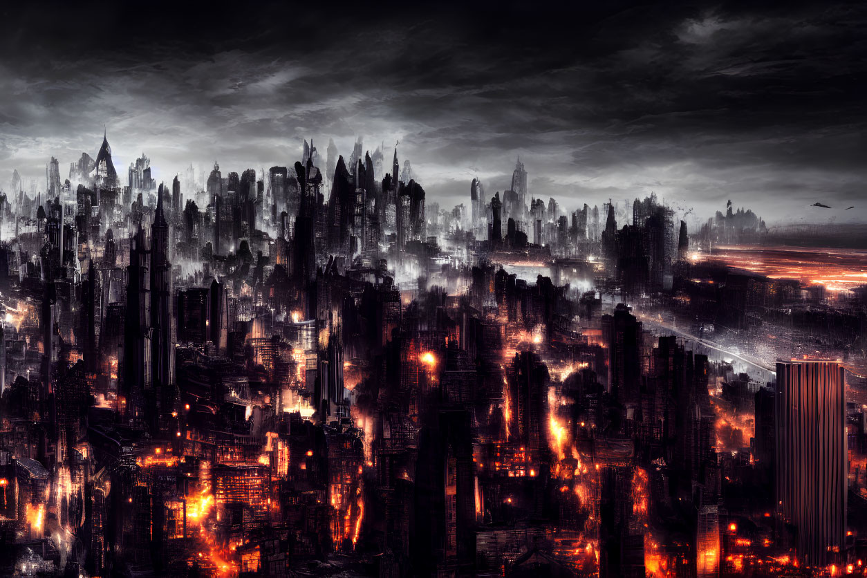 Dystopian cityscape at night with fire, smoke, and skyscrapers