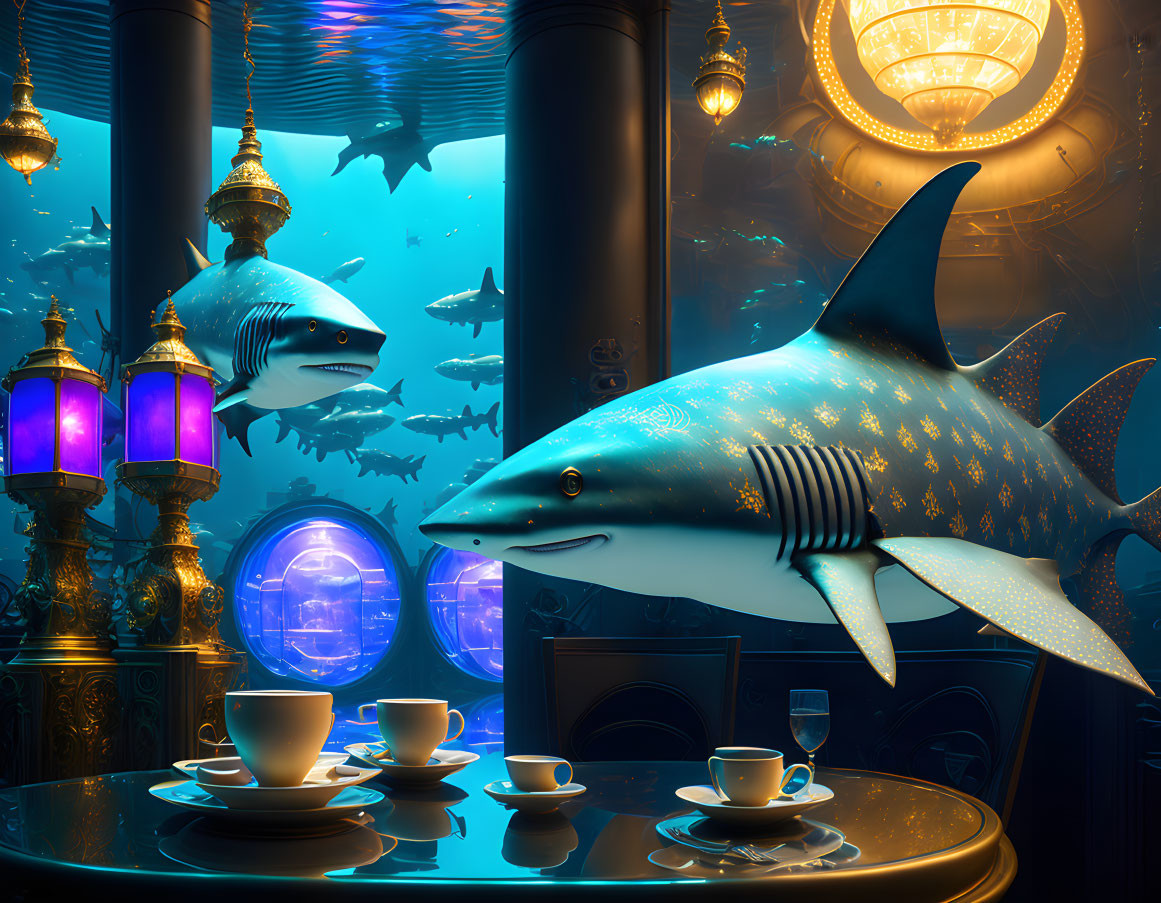 Vintage room with chandeliers and teacups, sharks swimming in underwater scene