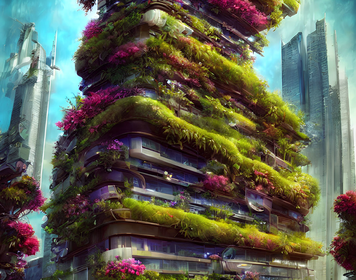 Futuristic skyscraper with lush vertical gardens in high-tech cityscape