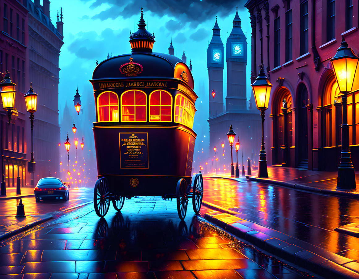 Vintage-style carriage on wet street at dusk with glowing lamps