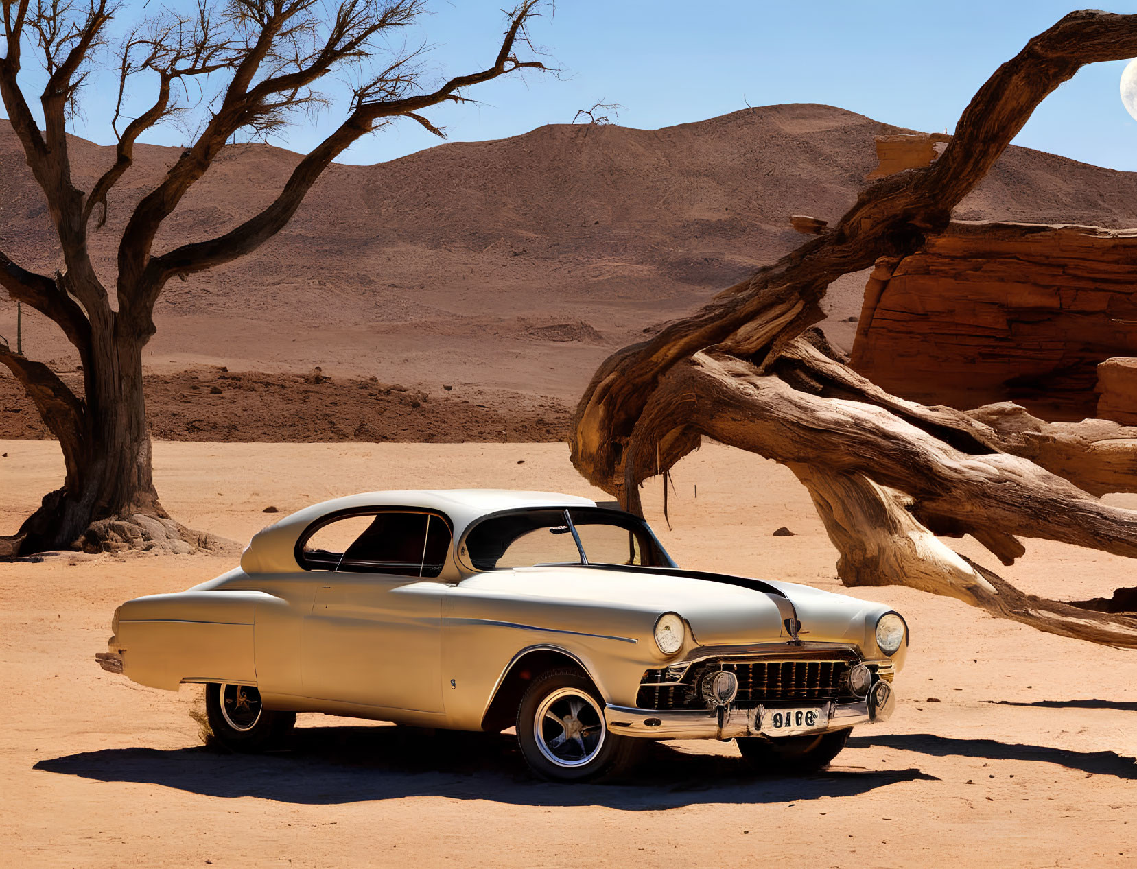 Vintage Car in Desert Landscape with Arid Trees and Sand Dunes