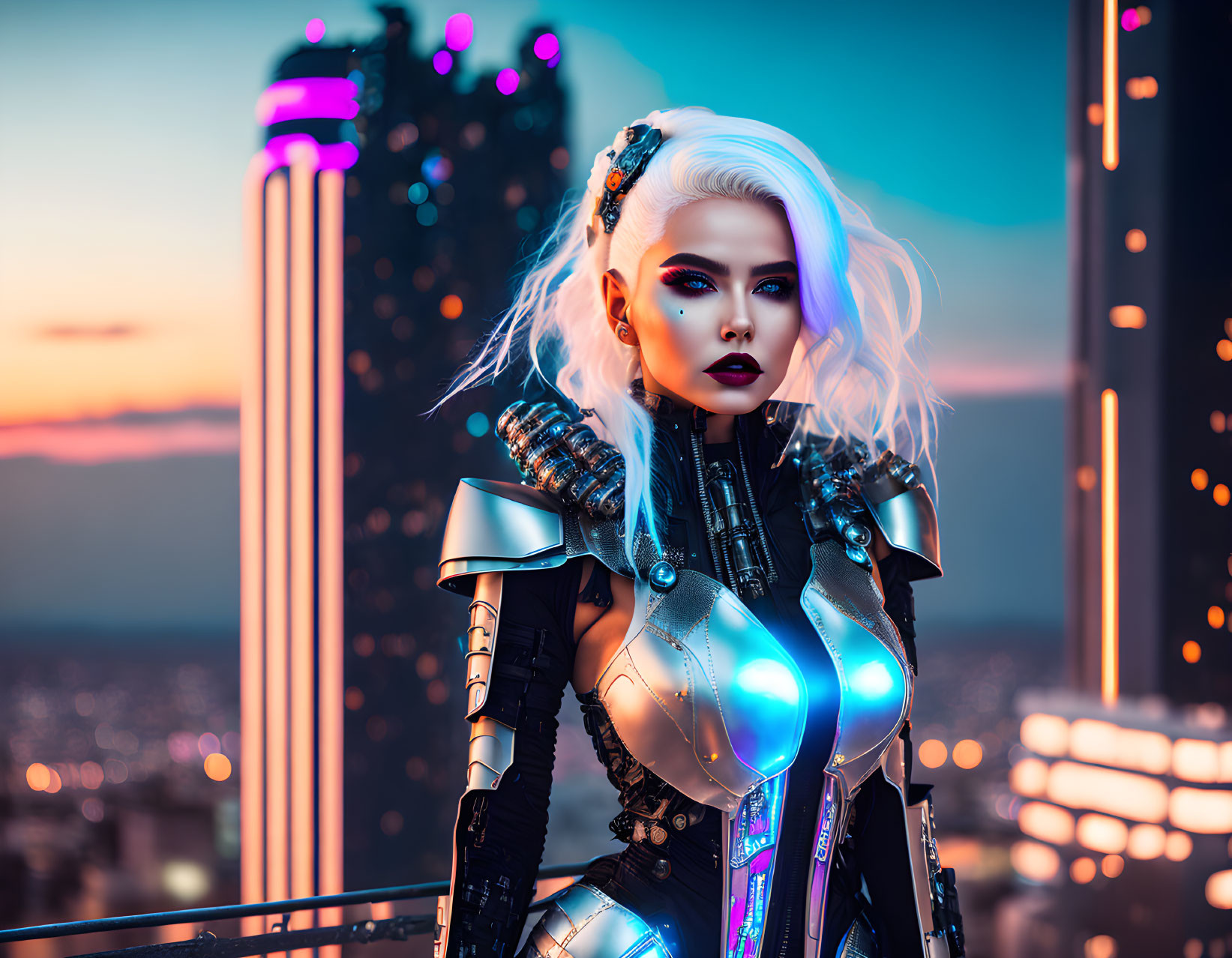 Platinum-haired futuristic woman in cyberpunk attire against neon-lit cityscape