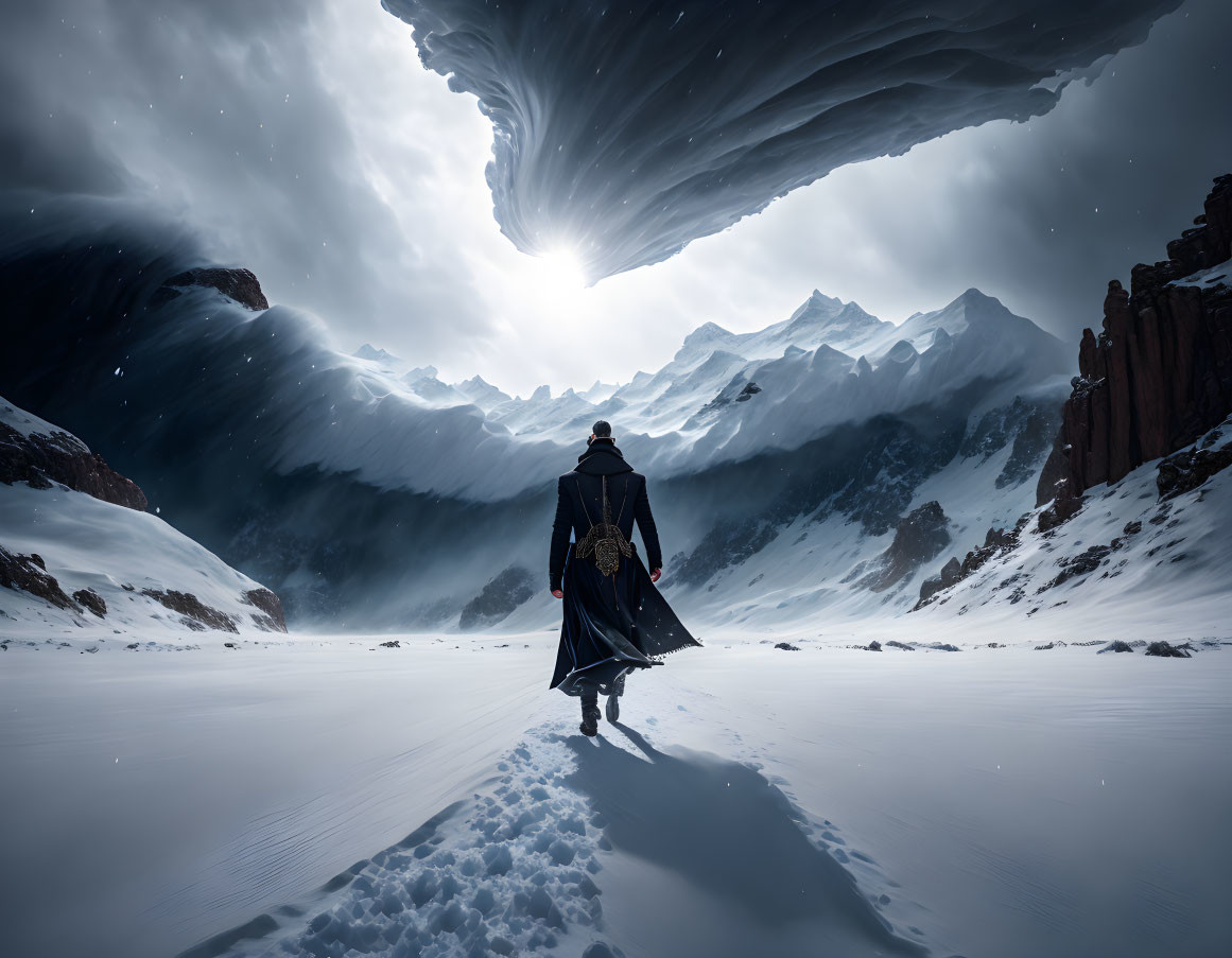 Cloaked figure near swirling vortex in snowy mountain landscape