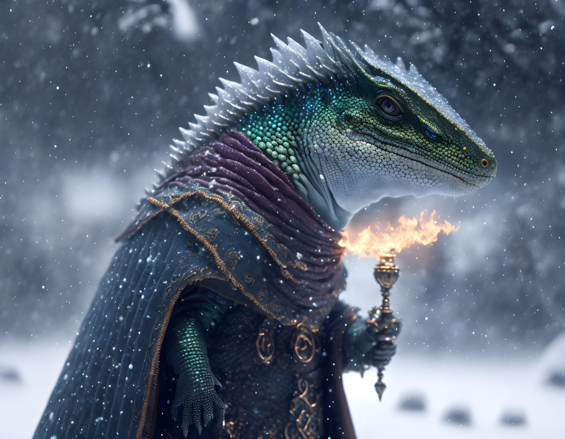 Anthropomorphic dragon character in ornate clothing breathing fire in snowy landscape