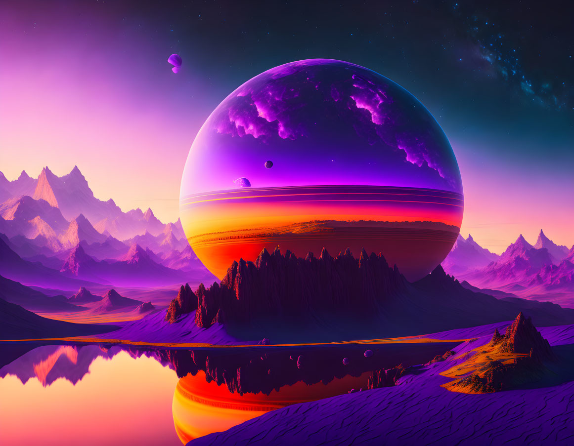 Vibrant sci-fi landscape: large purple ringed planet, reflective lake, jagged mountains,