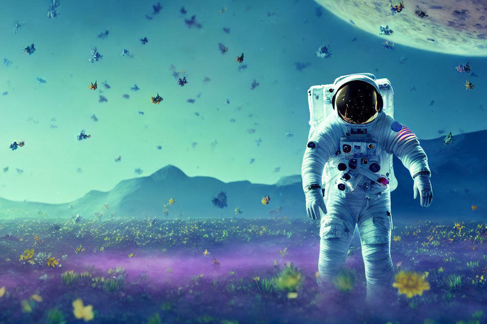 Astronaut on flower-filled alien landscape with moon and jellyfish-like creatures