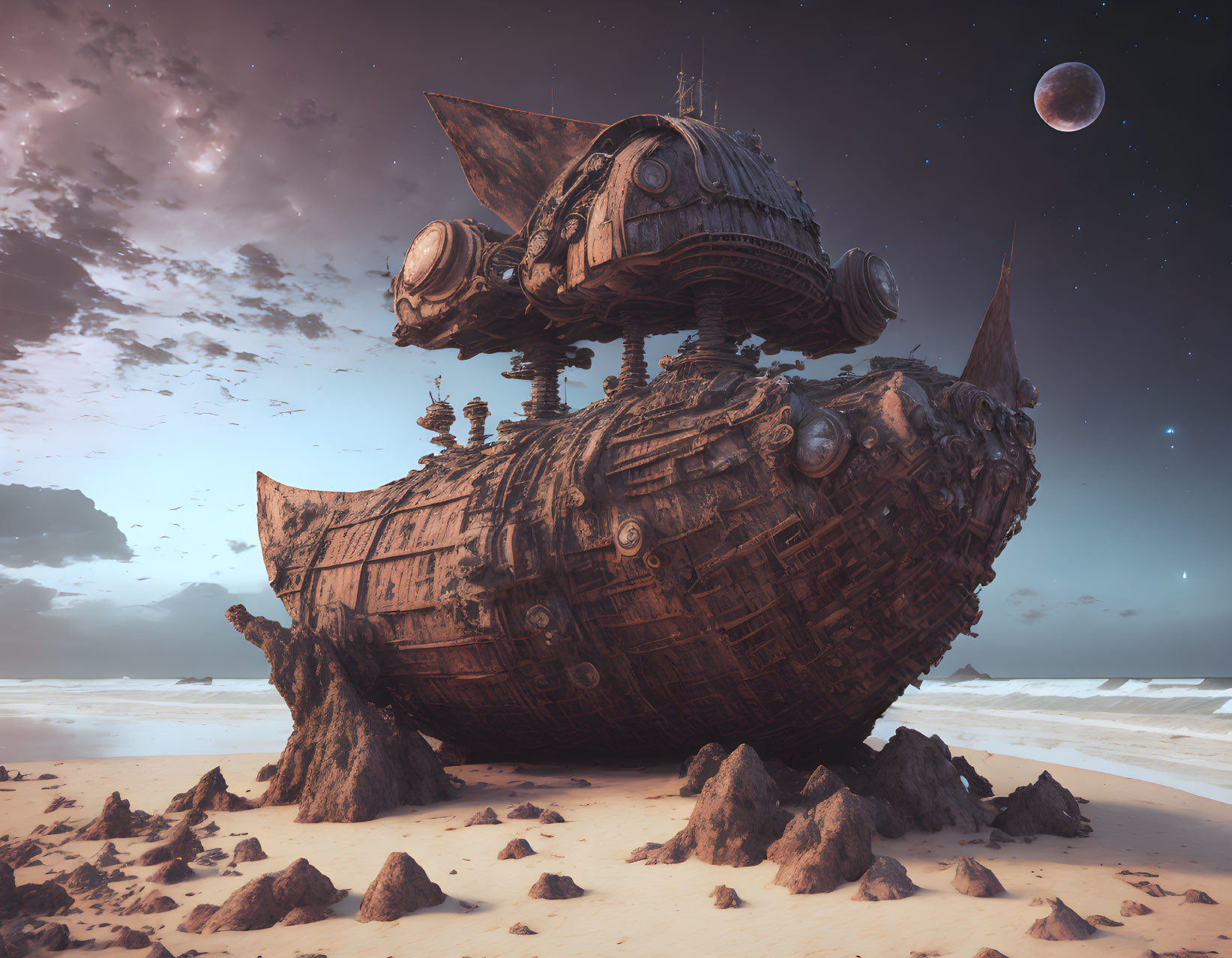 Intricate steampunk spaceship stranded on sandy beach at twilight