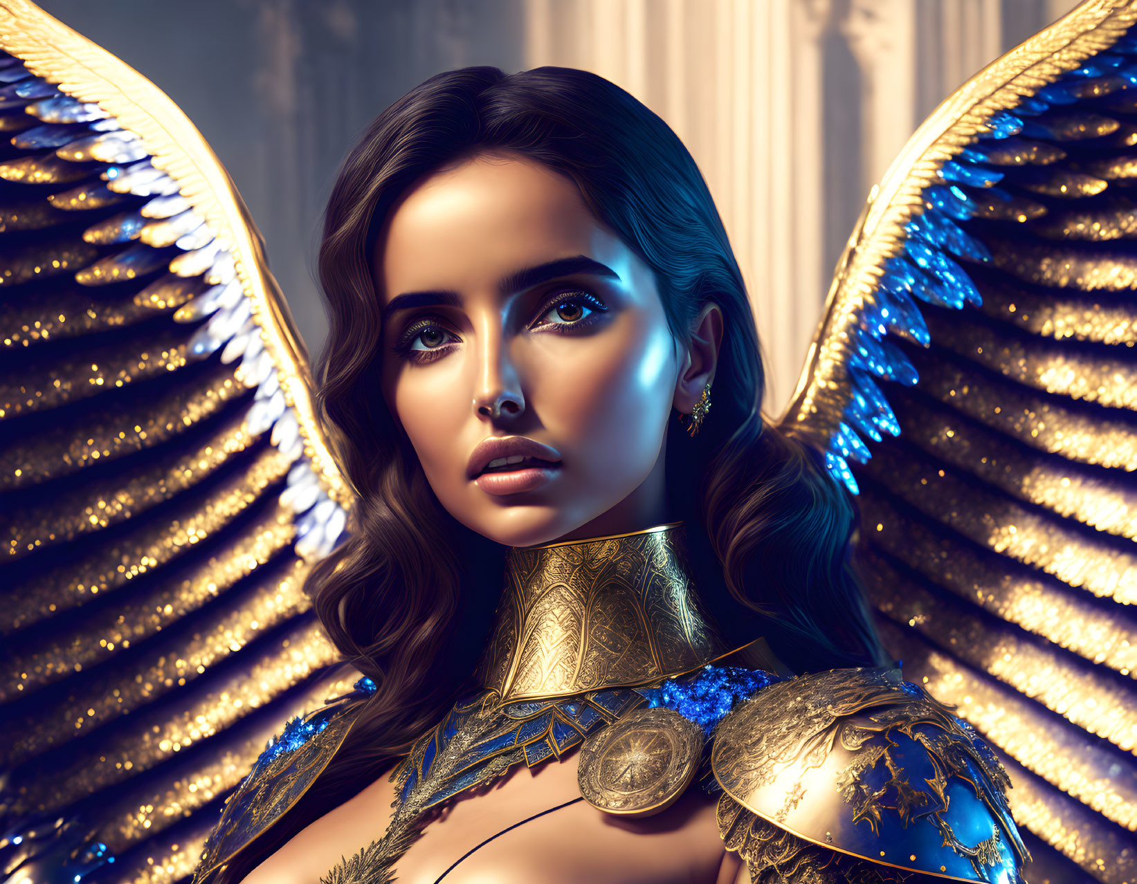 Glossy-haired woman in golden armor with angelic wings against striped backdrop