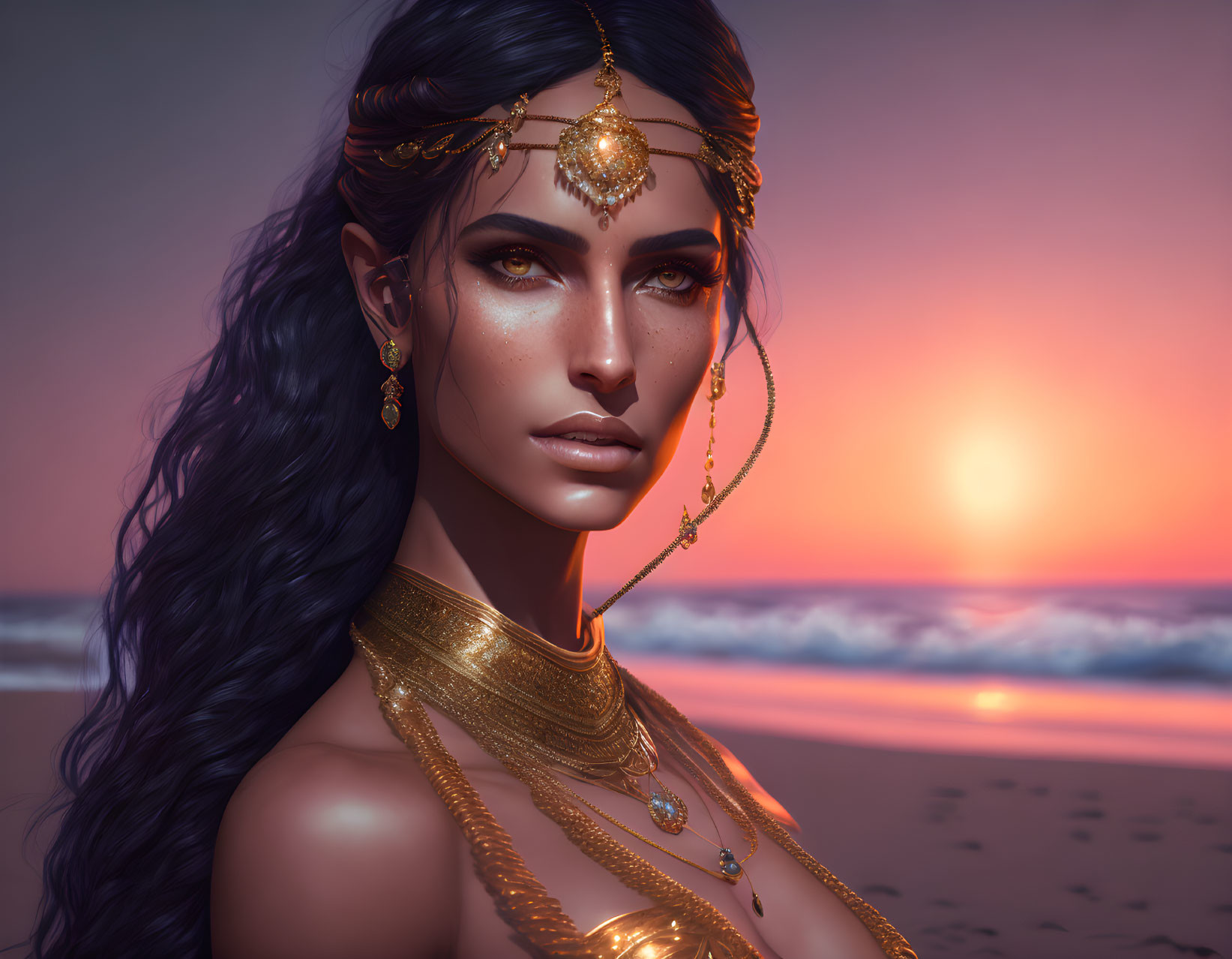 Digital artwork: Woman with dark hair and gold jewelry on sunset beach