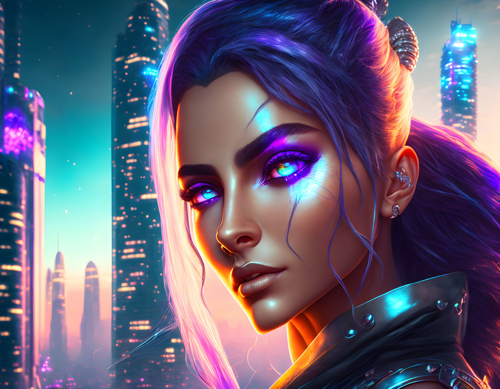 Digital artwork: Woman with purple eyes and futuristic makeup in cityscape at twilight