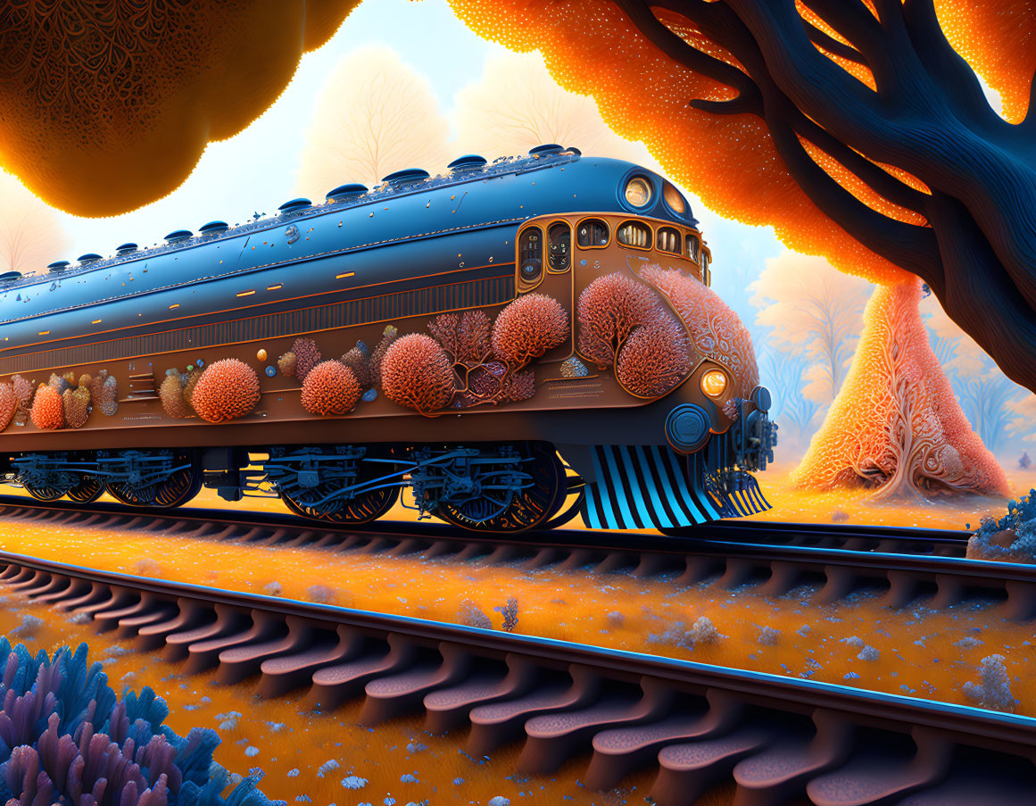 Vintage train in surreal landscape with orange tree-like structures and coral textures under blue sky