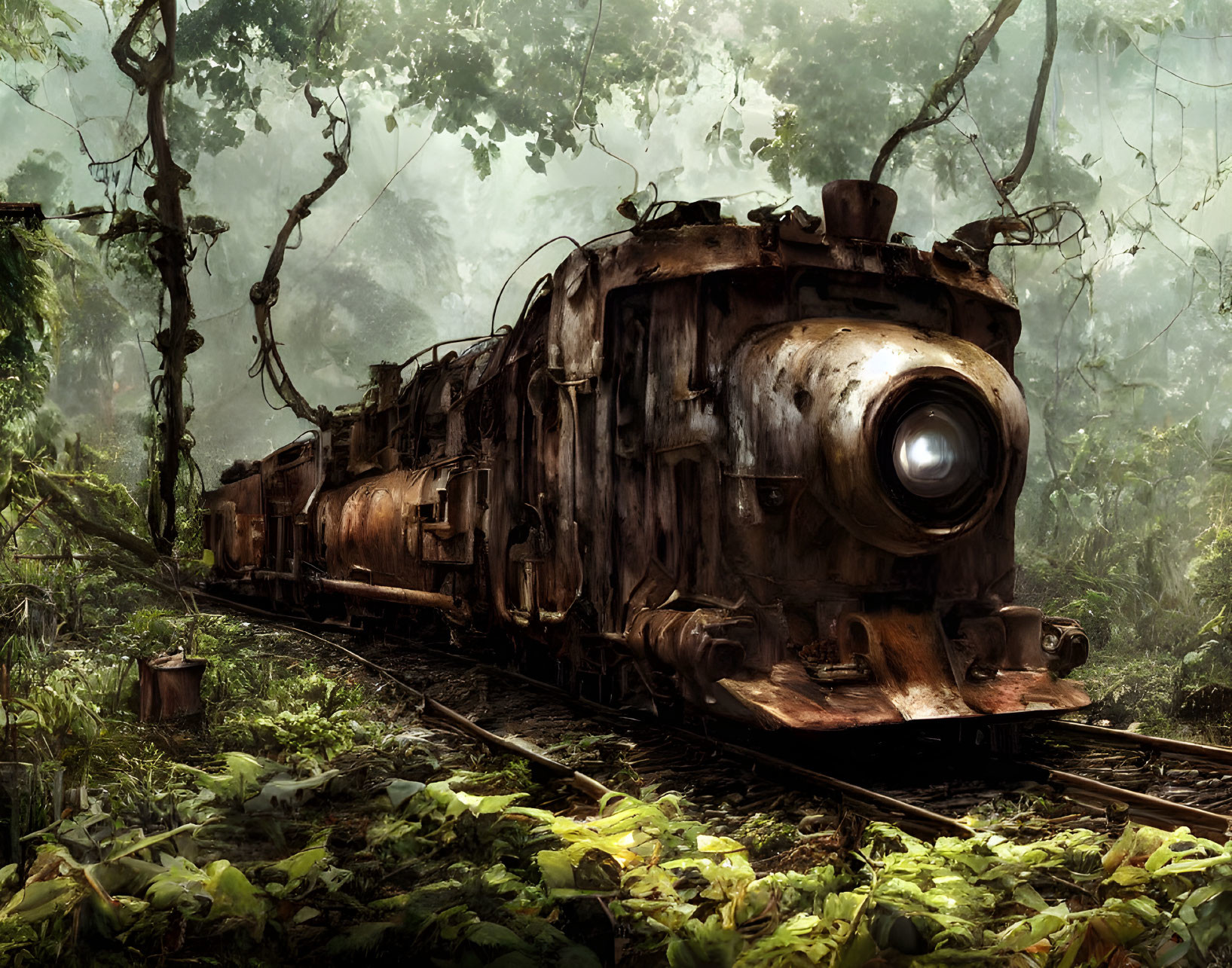 Abandoned steam locomotive in forest setting with hanging vines