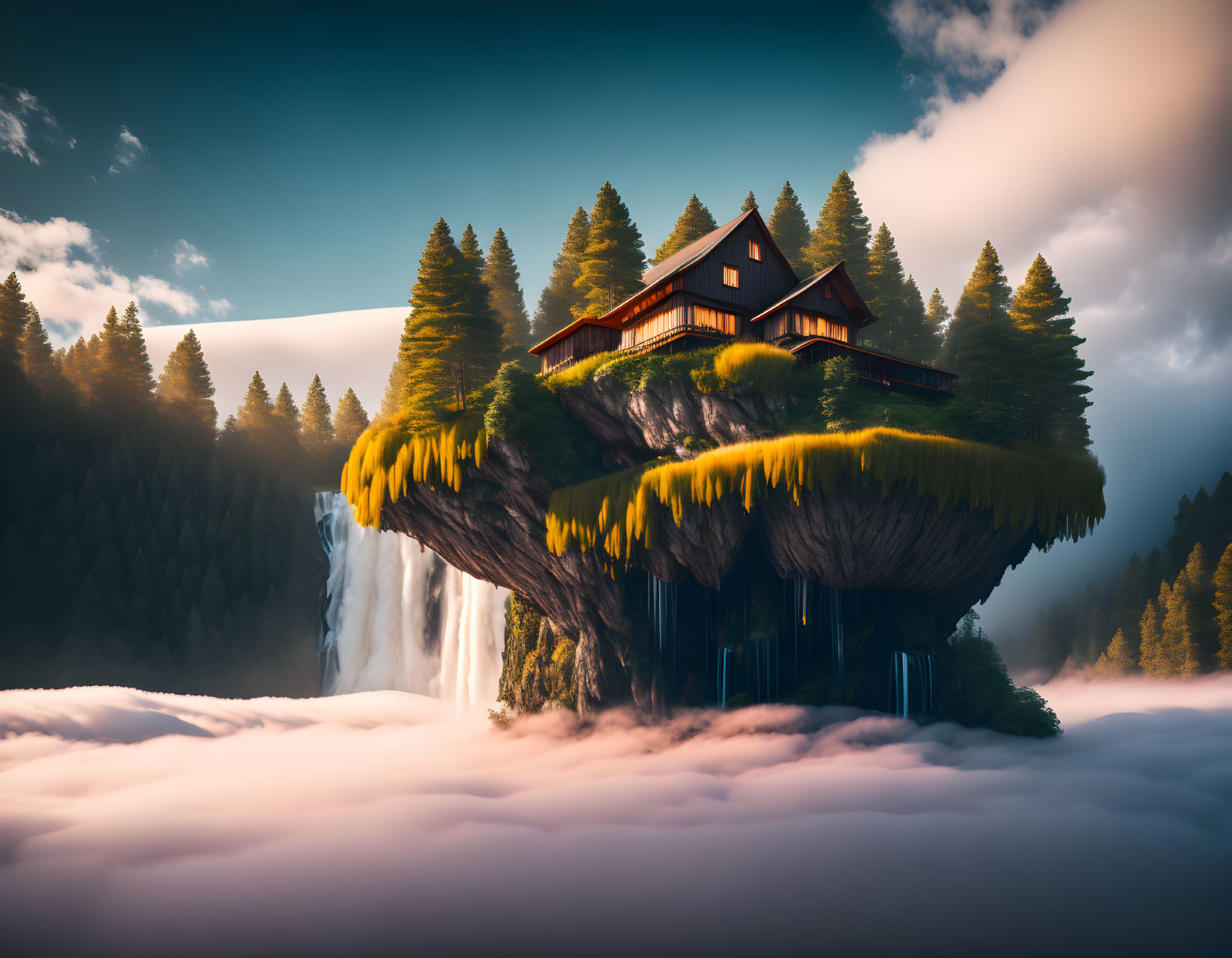 Floating island with house, trees, waterfalls, and sunset sky