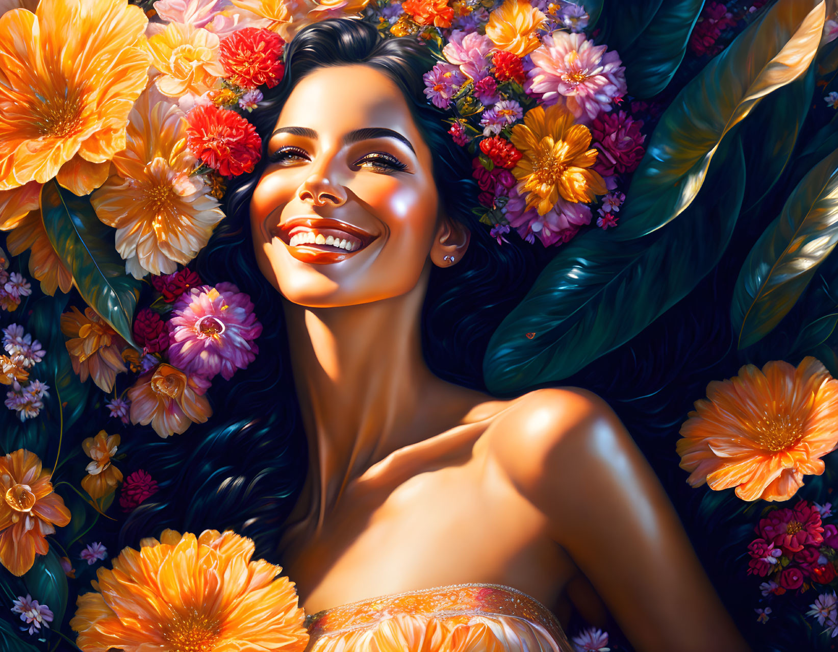 Vibrant woman smiling among colorful flowers and greenery