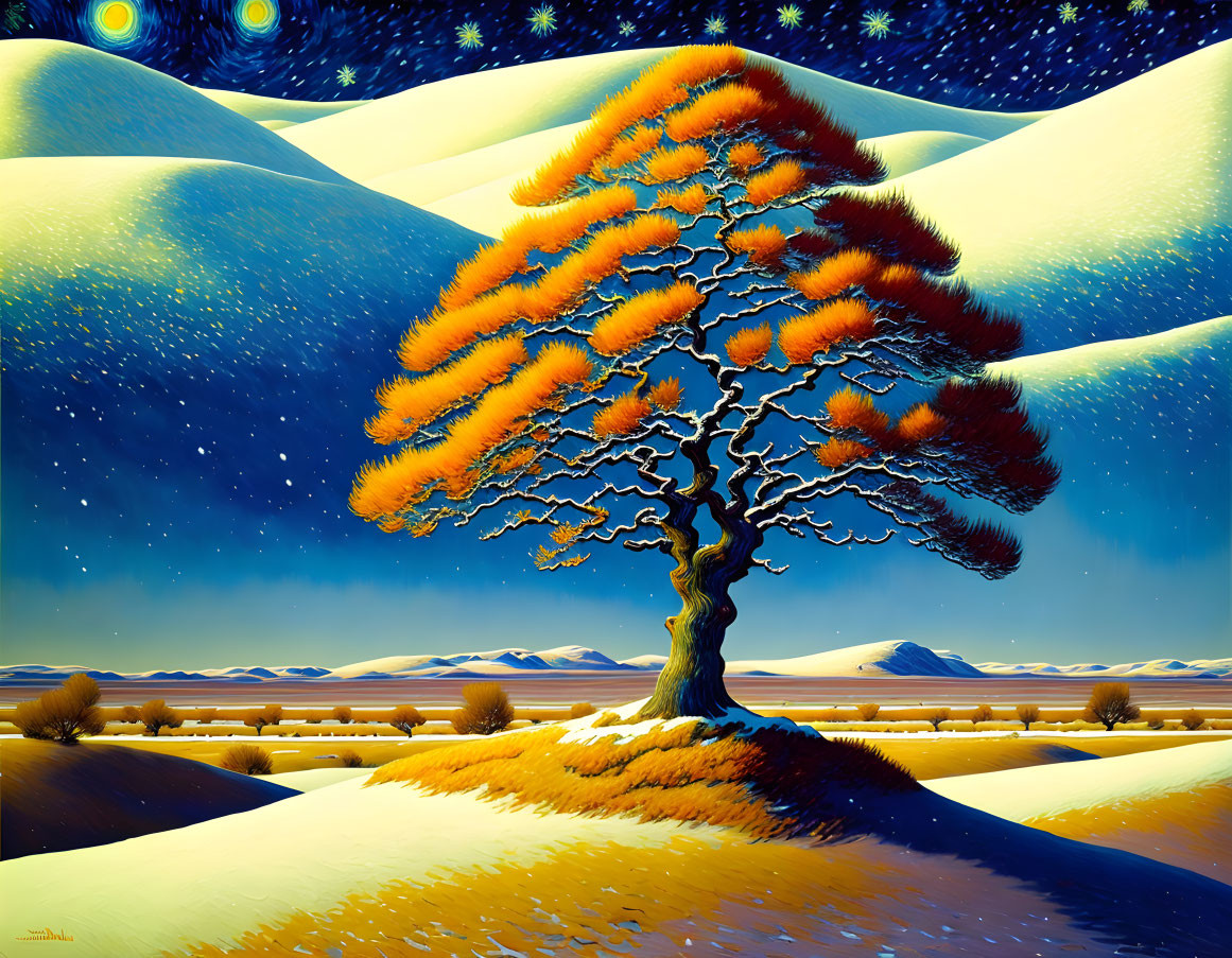 Colorful painting: Isolated tree with orange leaves in snowy landscape.