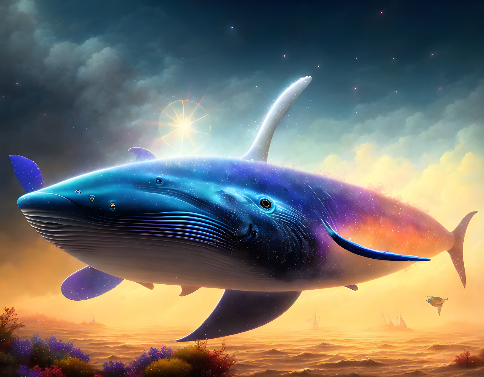 Whale with cosmic pattern above dreamy landscape and ships