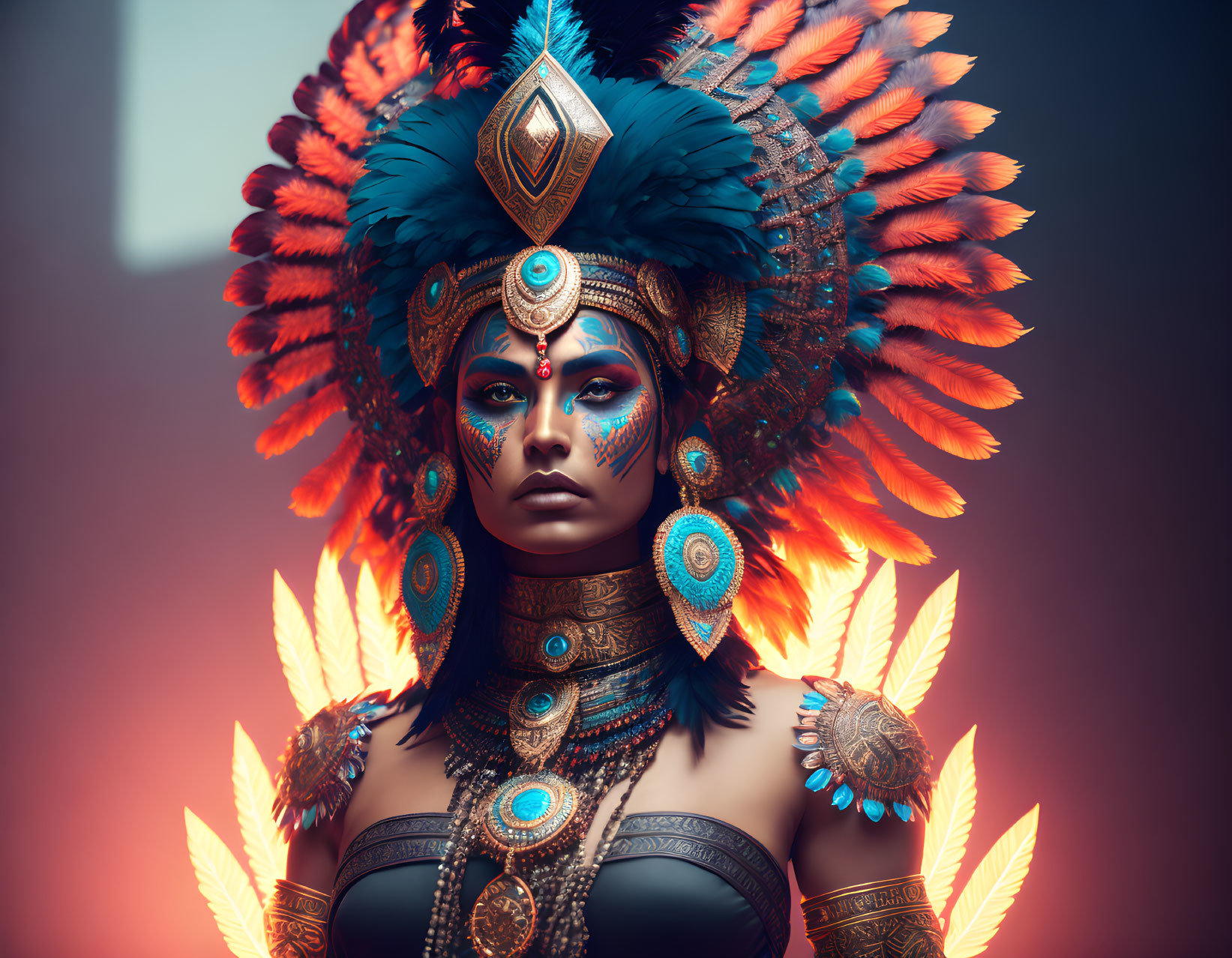 Vibrant portrait of a woman in feathered headdress and bejeweled armor