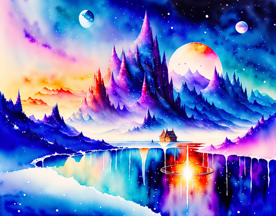 Colorful Landscape: Mountain Range, Lake Reflection, Starry Sky, Multiple Moons