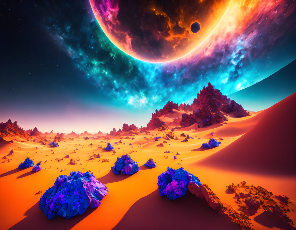 Colorful sci-fi landscape with orange sands, blue crystals, planet, moon, and nebulae