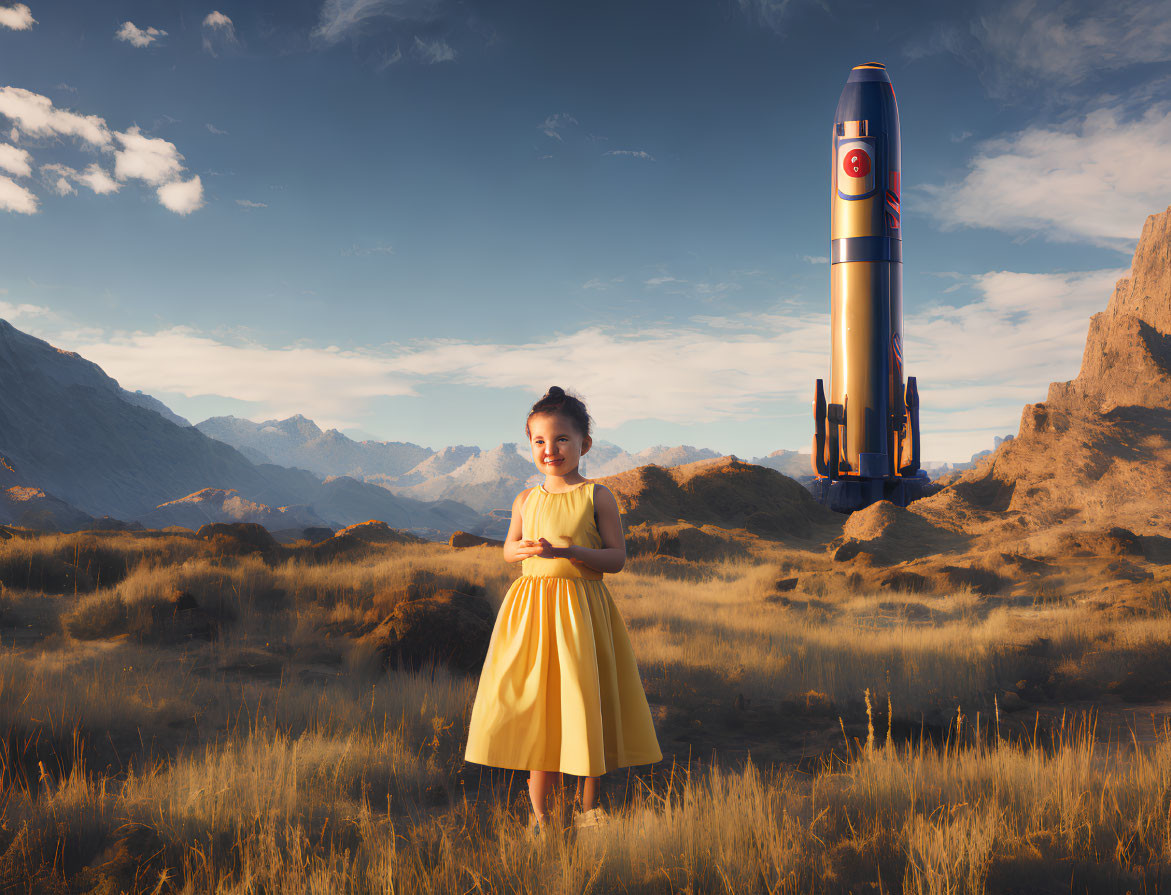 Girl in Yellow Dress Poses with Rocket in Mountain Field