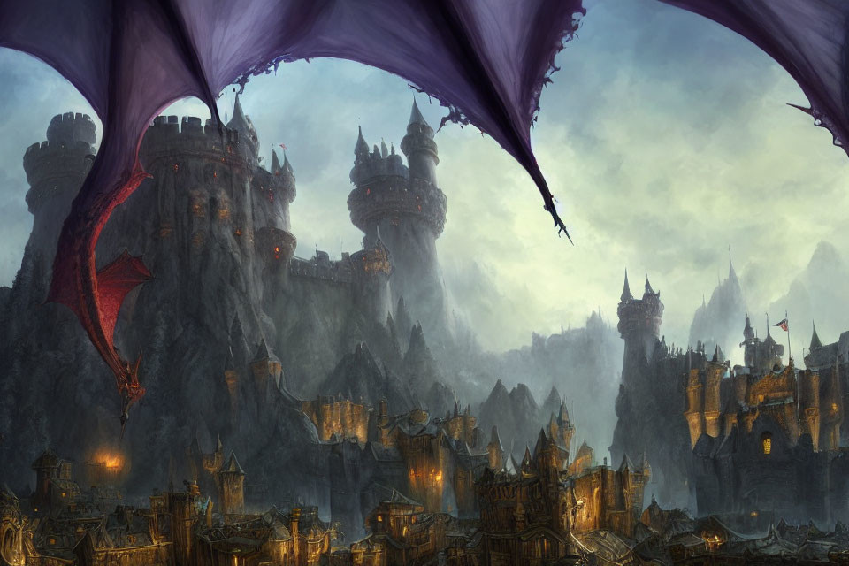 Fantasy landscape with towering castles and red dragon wings