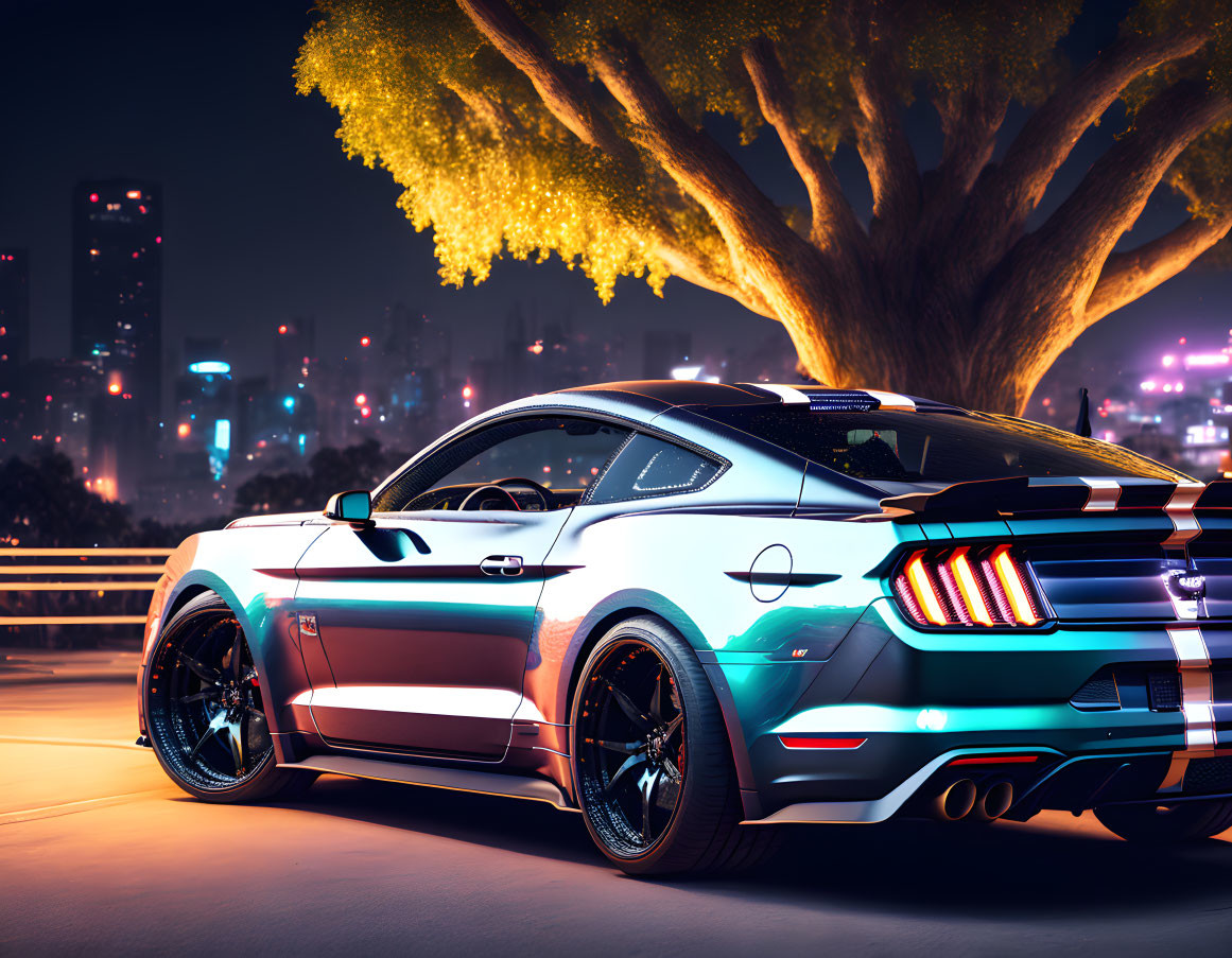 Luxury sports car parked under tree with neon city lights at night