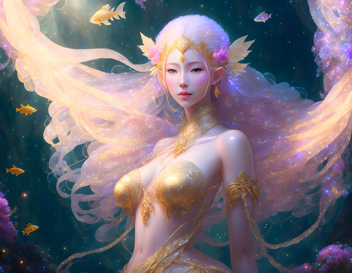 Illustration of woman in gold attire with flowing hair in underwater fantasy scene