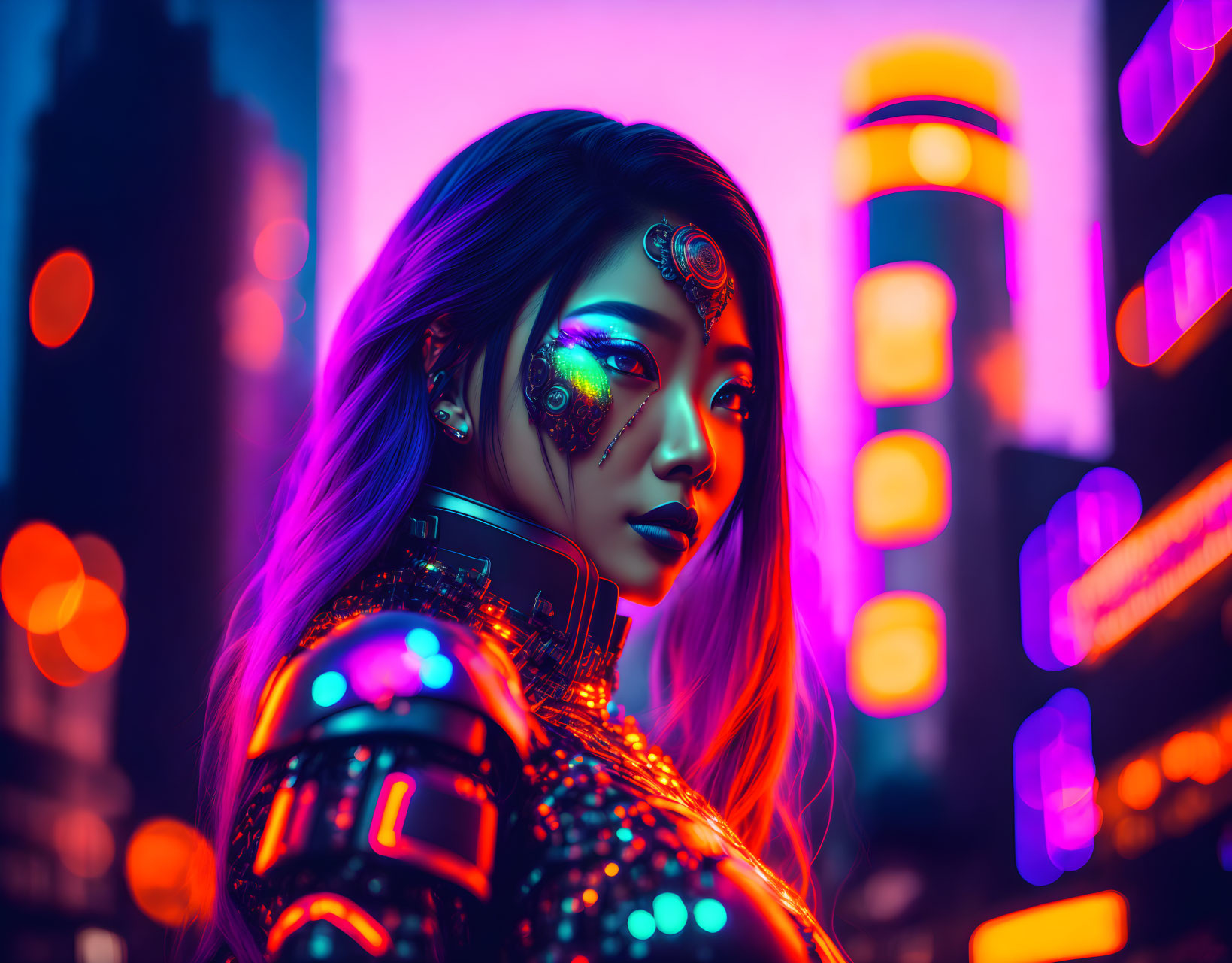 Cybernetic Woman with Glowing Makeup in Futuristic Cityscape