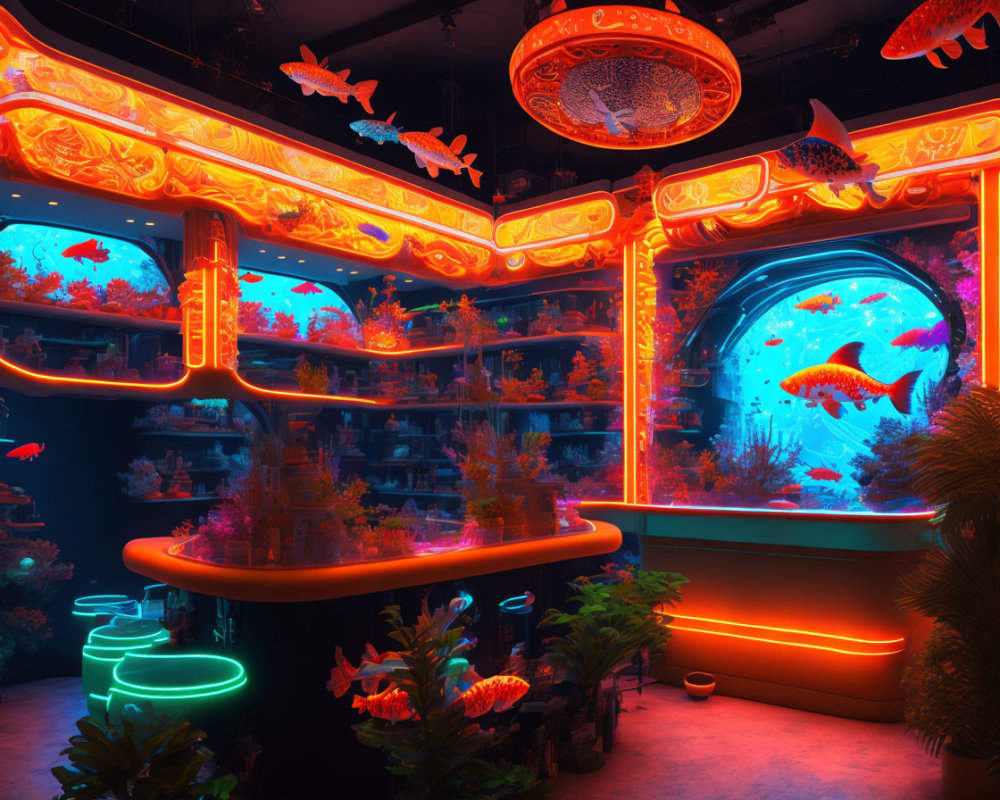 Vibrant Fish and Glowing Coral in Futuristic Aquarium