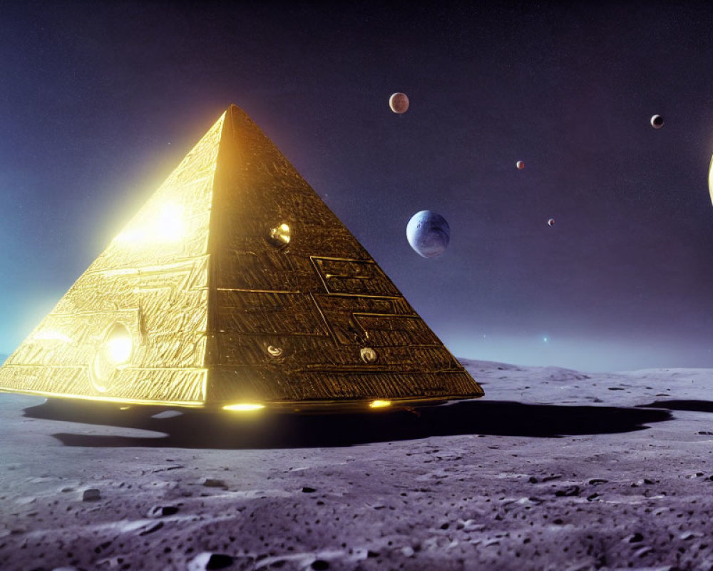 Golden pyramid with hieroglyphs on lunar surface, planets align in background