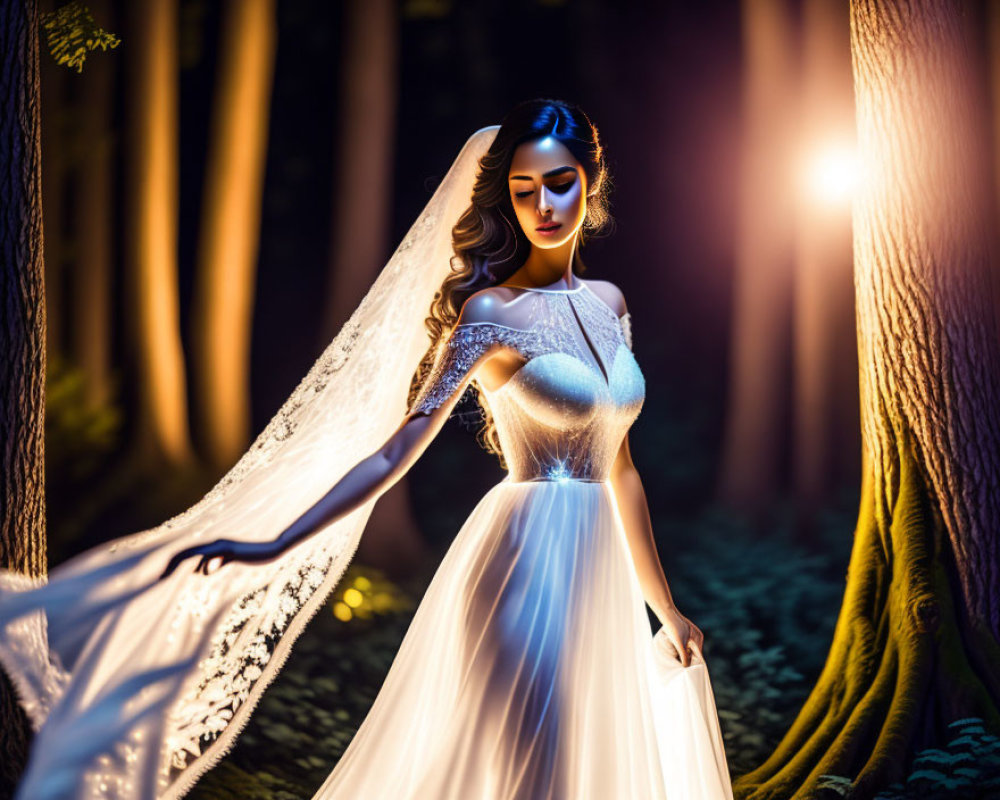 Bride in white dress and veil in mystical forest with sunlight filtering through trees