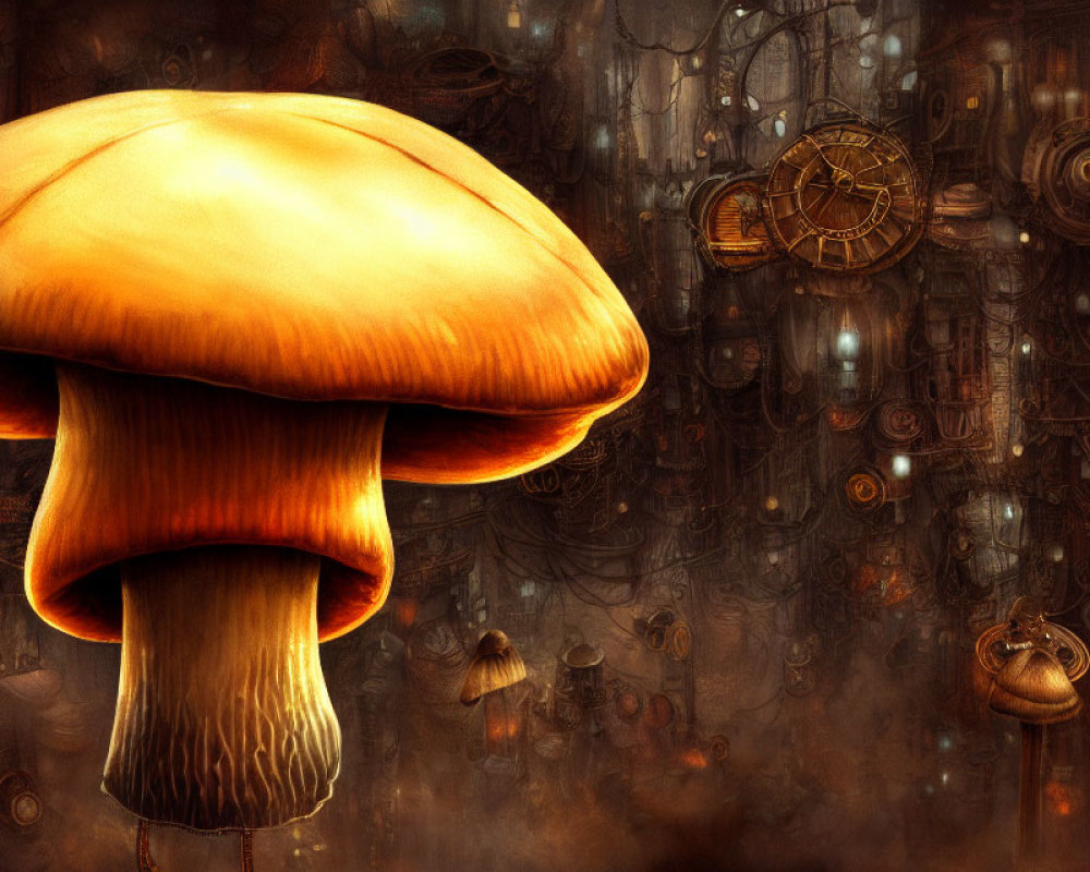 Fantastical oversized mushrooms in industrial steampunk setting