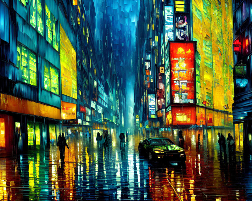 Vibrant neon-lit urban street scene on a rainy night