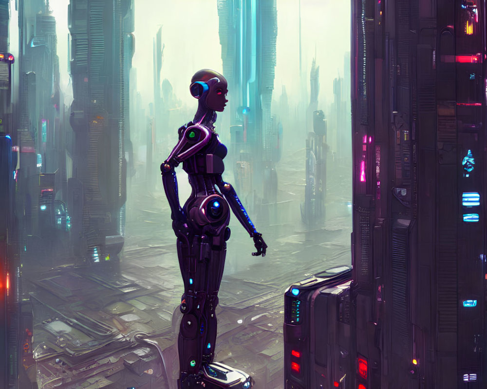 Futuristic humanoid robot overlooking cityscape with skyscrapers and neon lights