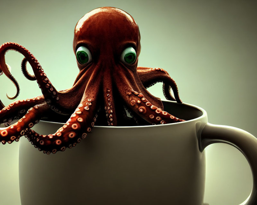 Bright Green-Eyed Octopus in White Coffee Cup on Gradient Background