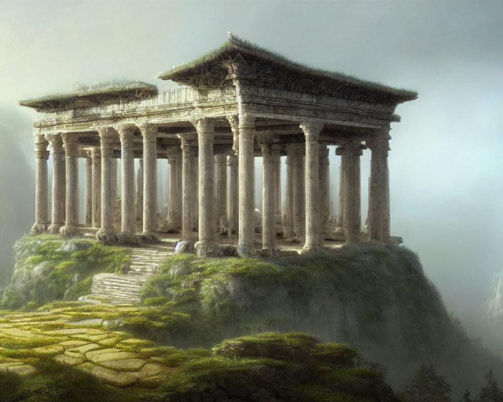 Ancient Greek temple on misty cliff in lush greenery with light breaking through clouds