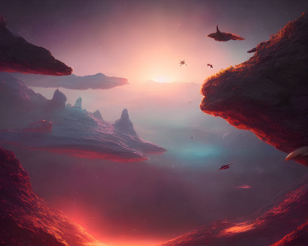 Surreal Vibrant Landscape with Floating Rocks and Alien Creatures