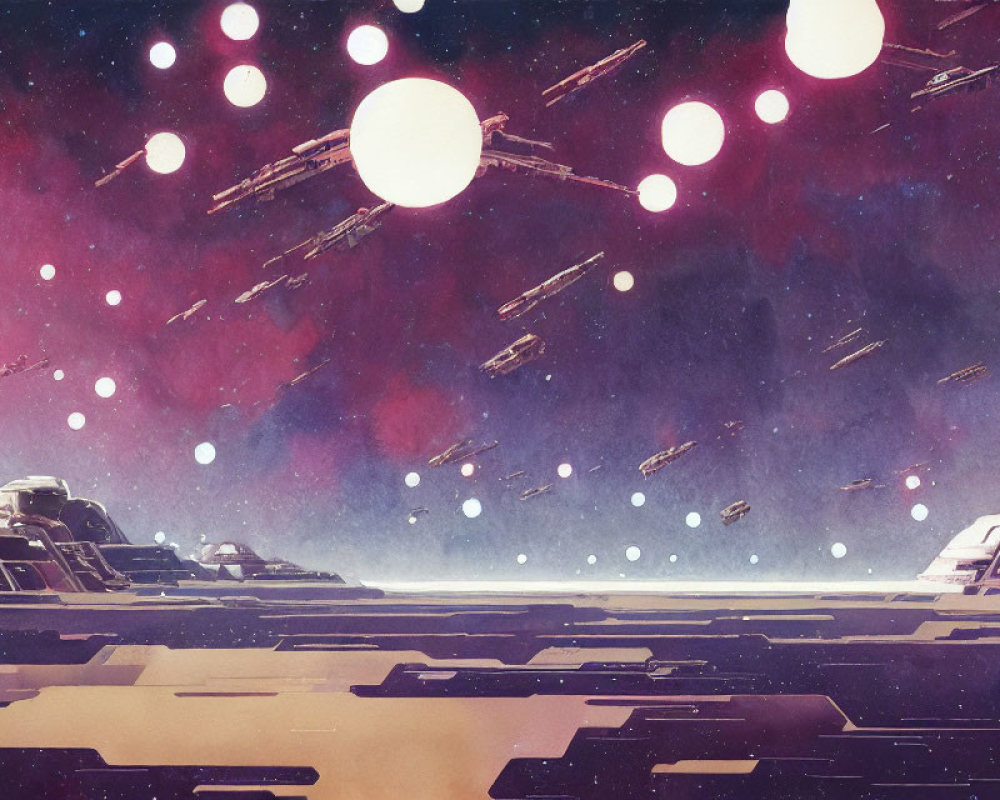 Stylized sci-fi scene with spaceships in pink and purple cosmic sky