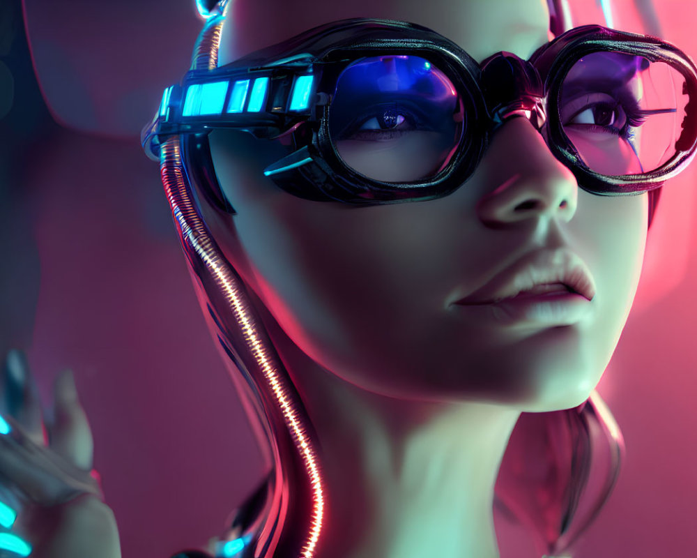 Female Figure with Futuristic Goggles in Neon-lit Cyberpunk Setting