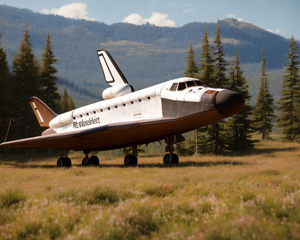 Retired Space Shuttle Displayed in Field with Mountains