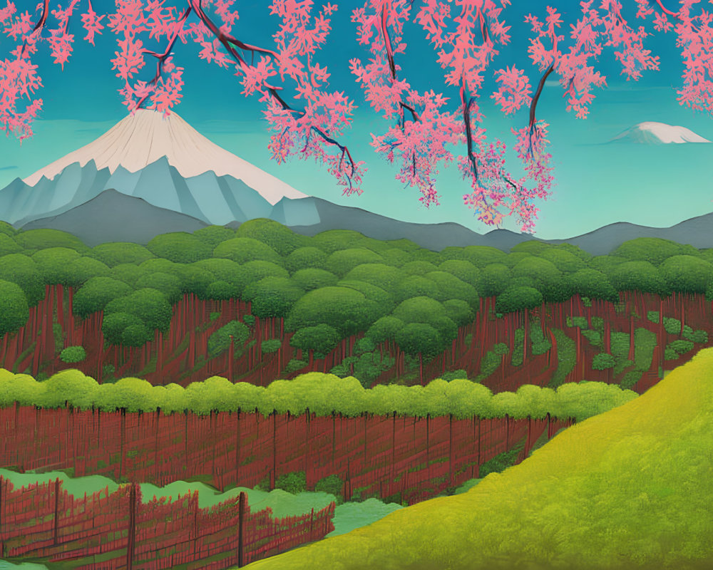 Colorful Cherry Blossom Landscape with Snowy Mountains