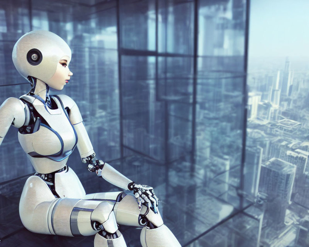 Humanoid Robot Contemplating Futuristic Cityscape